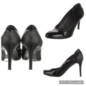 BURBERRY Black Gray Check Quilted Patent Leather Heels Pumps EU 37.5 US 7.5